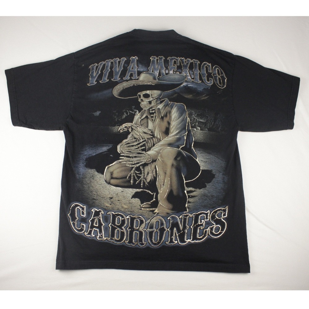 Viva Mexico Cabrones Skull T Shirt XL Black Double Sided‎ Skeleton Biker Tee